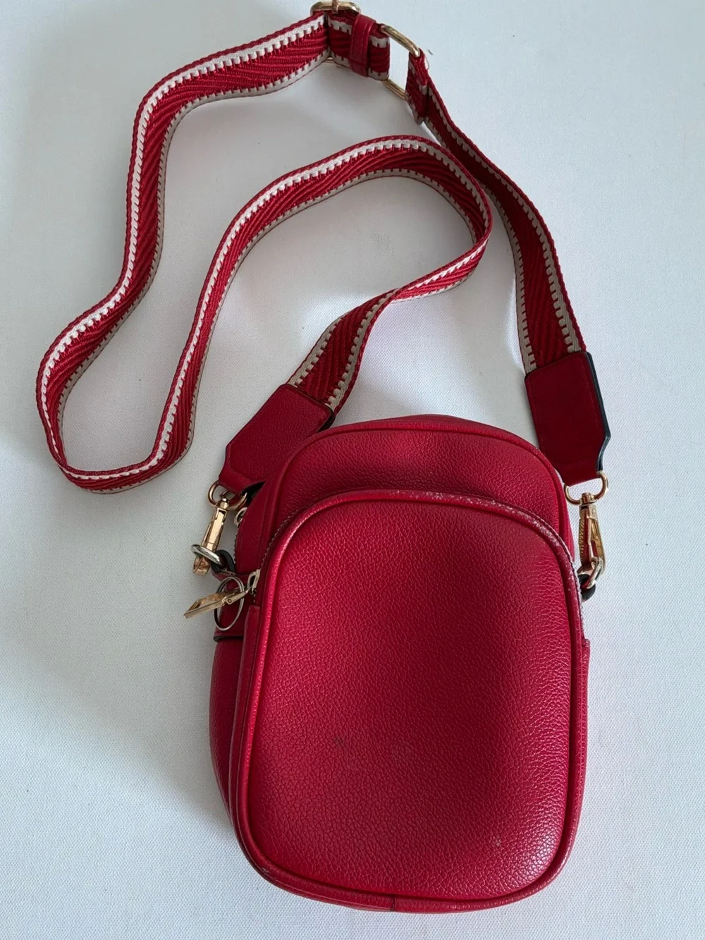 Red Double Zip Crossbody Bag w/ Adjustable Striped Guitar Strap